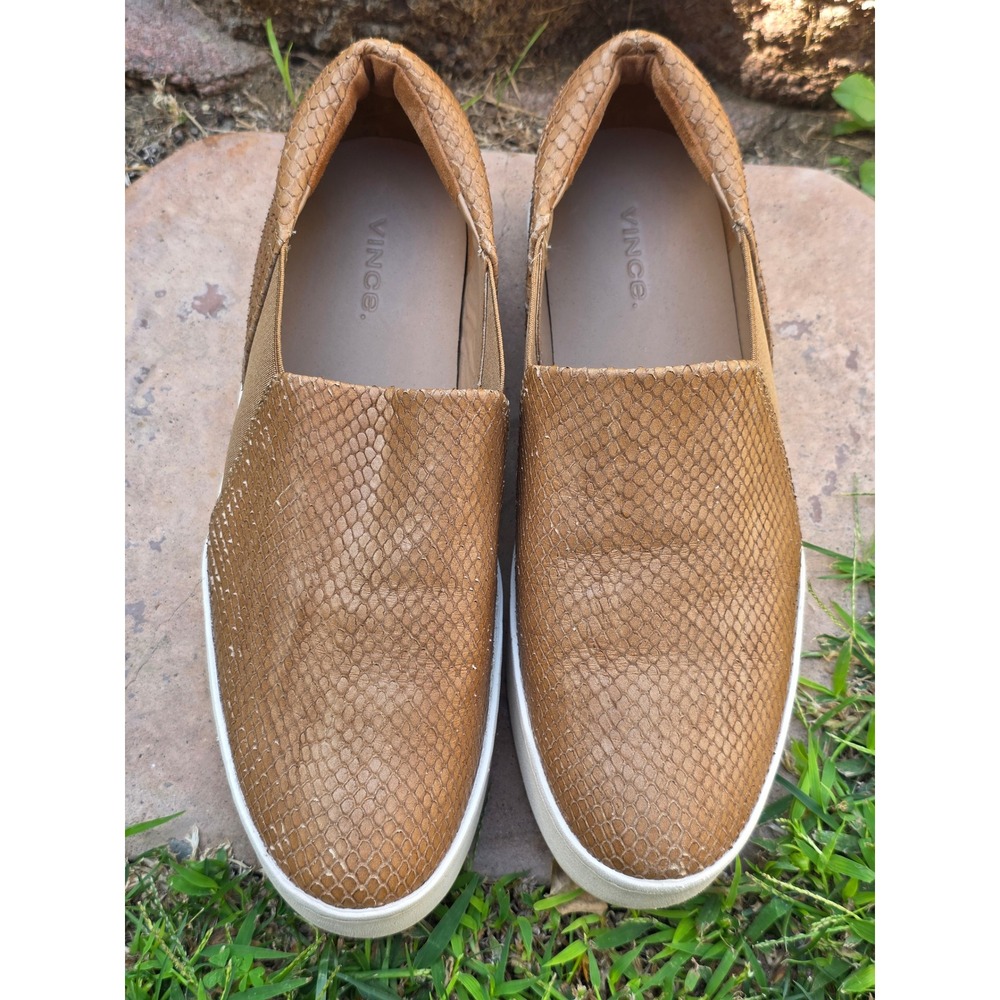 Vince Blair Tan Snake Embossed Leather Slip On Platform Sneakers Womens 8M 38
